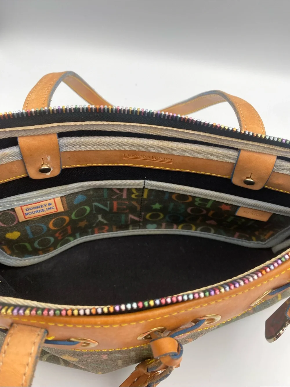 Dooney & Bourke Multicolor Logo Shoulder Bag with Tan Leather